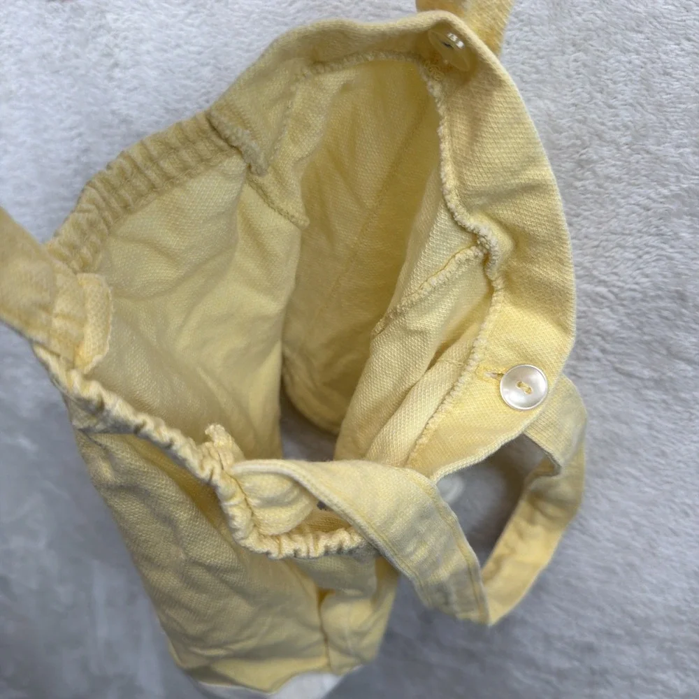 Vintage Baby Yellow Suspender Shortalls Romper White Cuff Snap Crotch Unisex